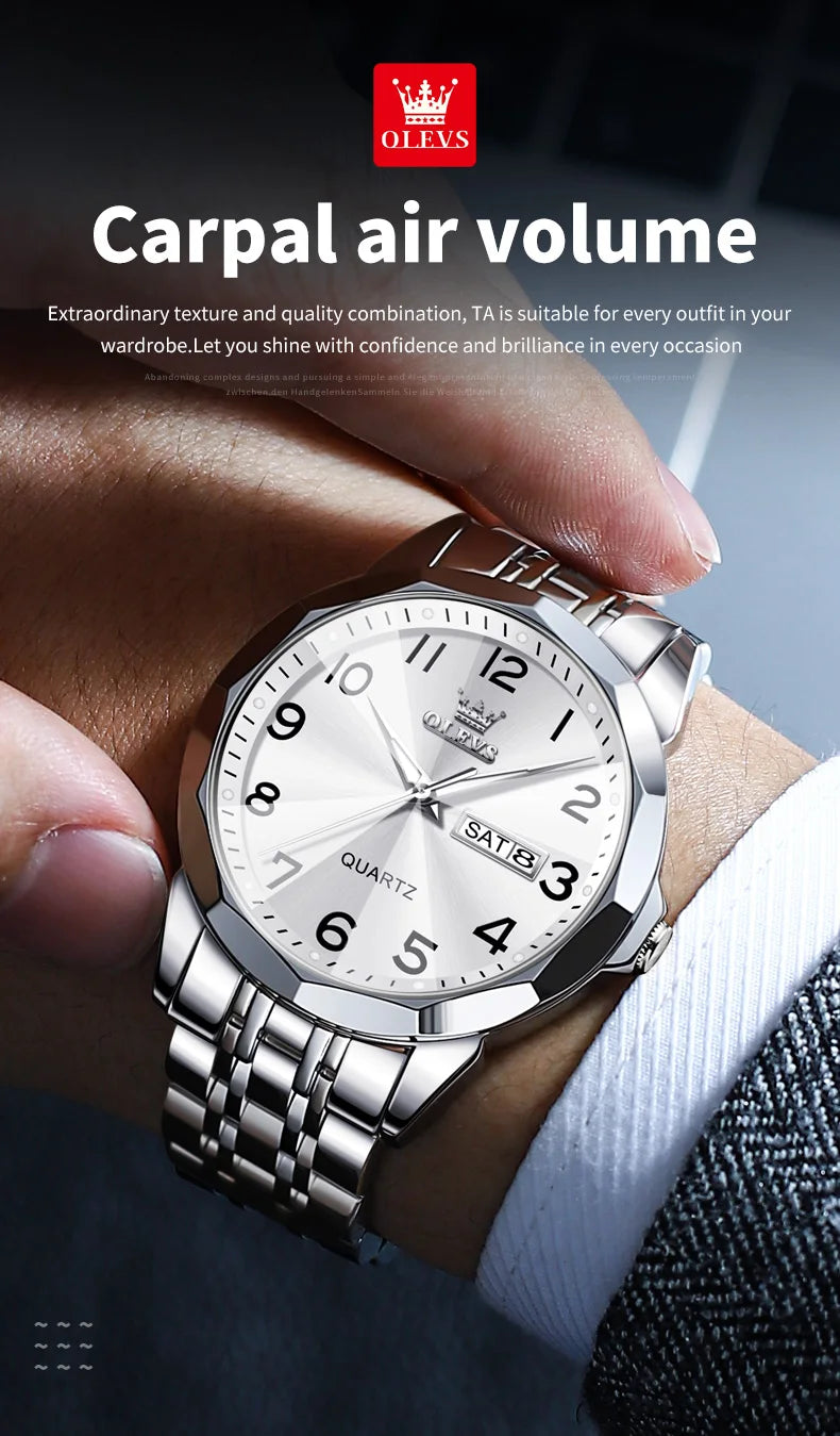OLEVS Men's Watches Rhombus Mirror Original Quartz Watch for Man Waterproof Luminous Stainless Steel Wristwatch Male Date Week