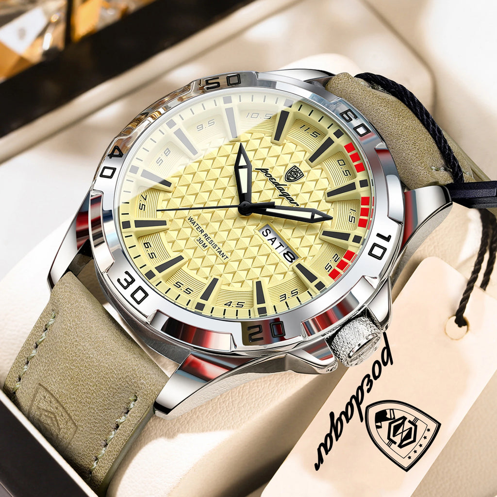 POEDAGAR Top Casual Sports Men Watch Waterproof Luminous Date Week Fashion Watch For Man Leather Classic Men's Quartz Wristwatch
