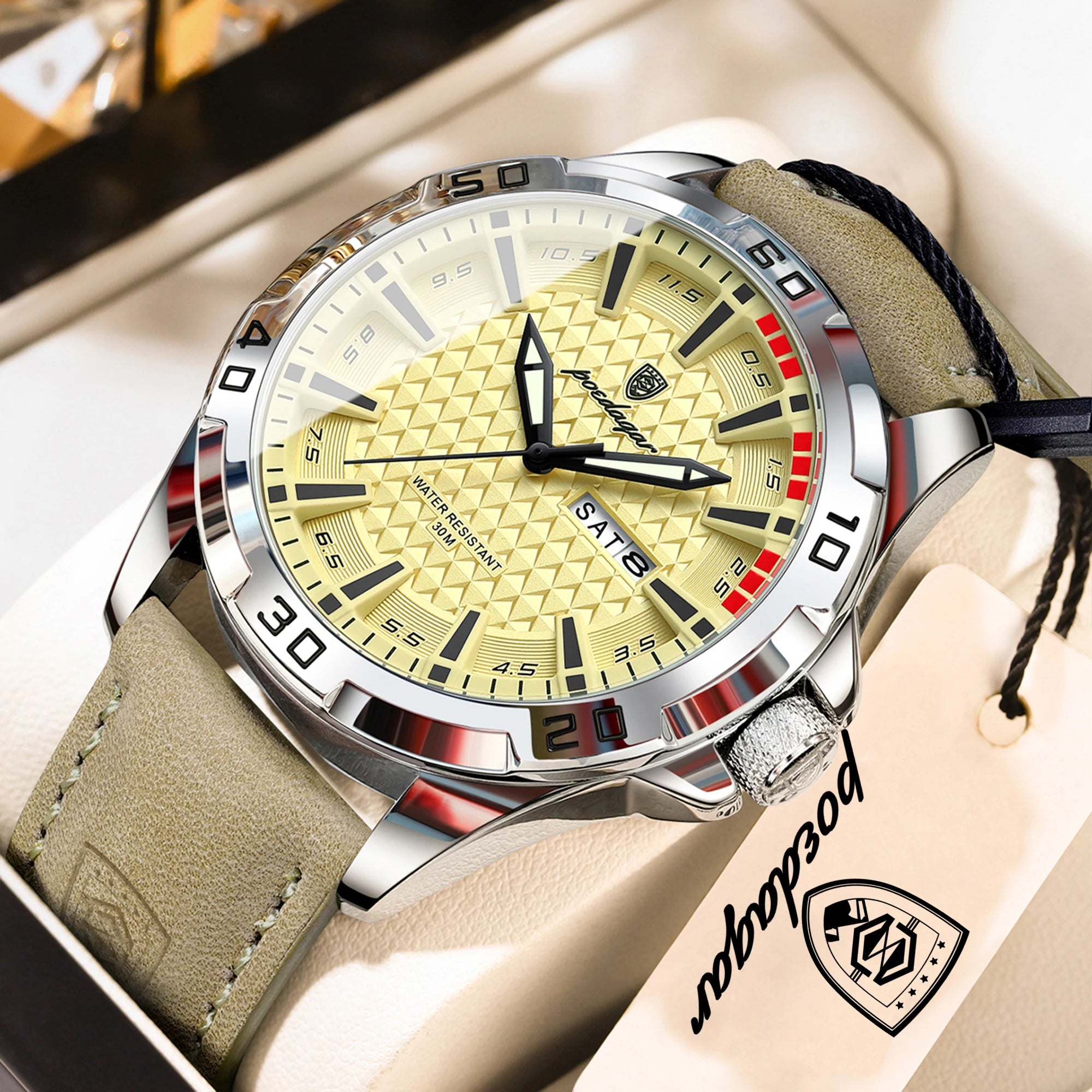 POEDAGAR Top Casual Sports Men Watch Waterproof Luminous Date Week Fashion Watch For Man Leather Classic Men's Quartz Wristwatch