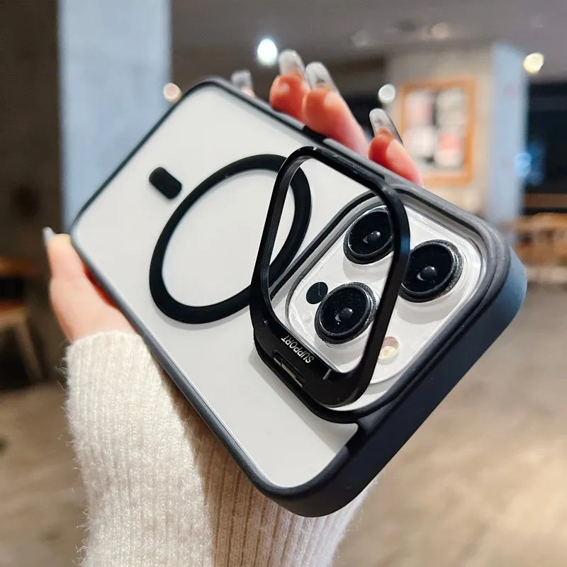 For Magsafe Stand Glass Lens Protector Case For iPhone17 16 15 14 13 11 12 Pro Max 16 Plus Luxury Magnetic Shockproof Back Cover