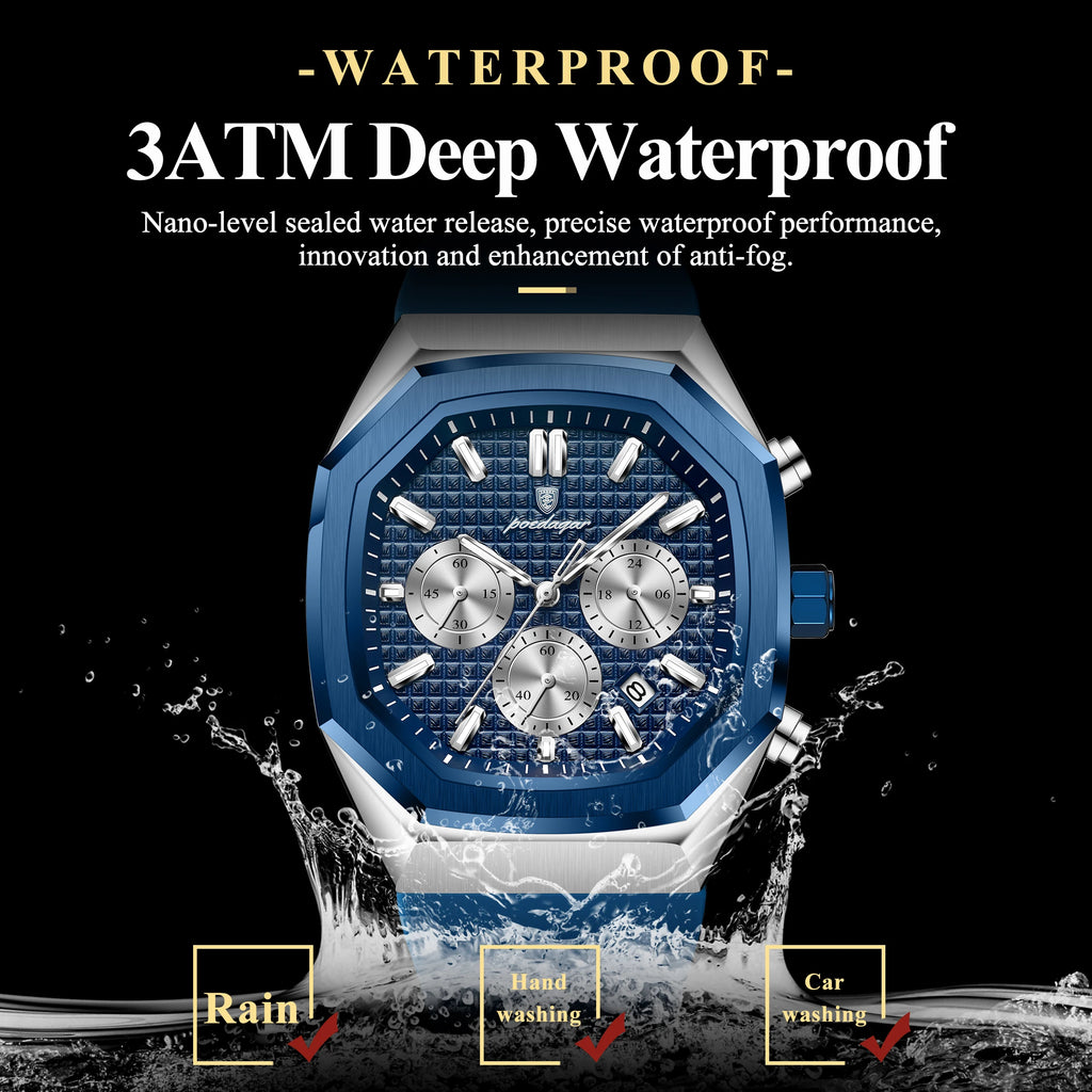 POEDAGAR Business Men's Wristwatch Chronograph Date Silicone Strap Man Watch Waterproof Luminous Military Quartz Watches For Men