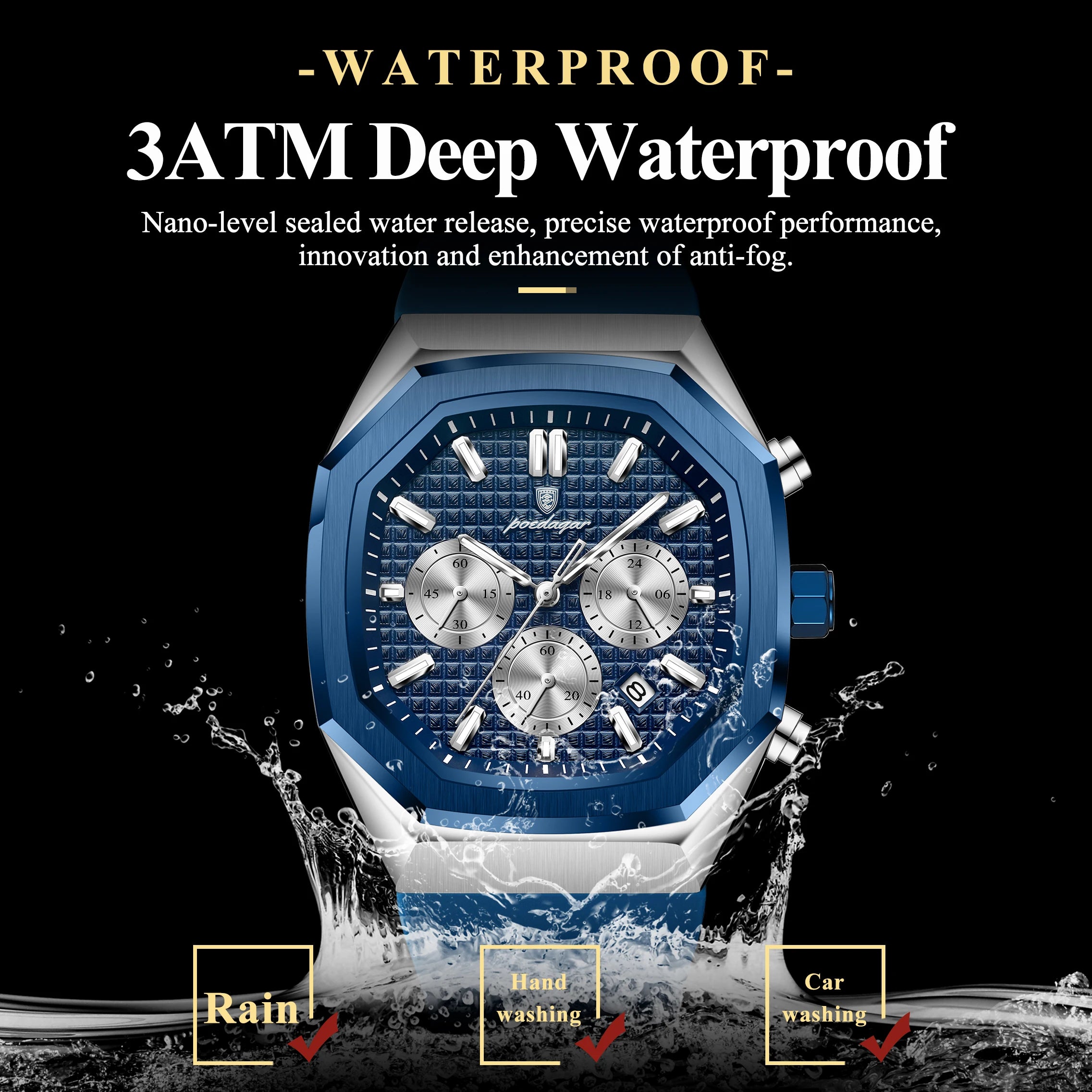 POEDAGAR Business Men's Wristwatch Chronograph Date Silicone Strap Man Watch Waterproof Luminous Military Quartz Watches For Men