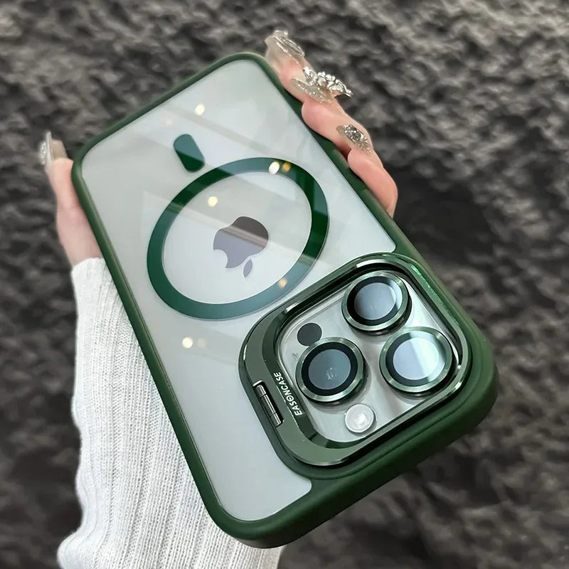 Luxury Magnetic Shockproof Phone Case For iPhone 17 15 16 14 13 12 11 Pro Max For Magsafe Funda Stand Glass Lens Protector Cover