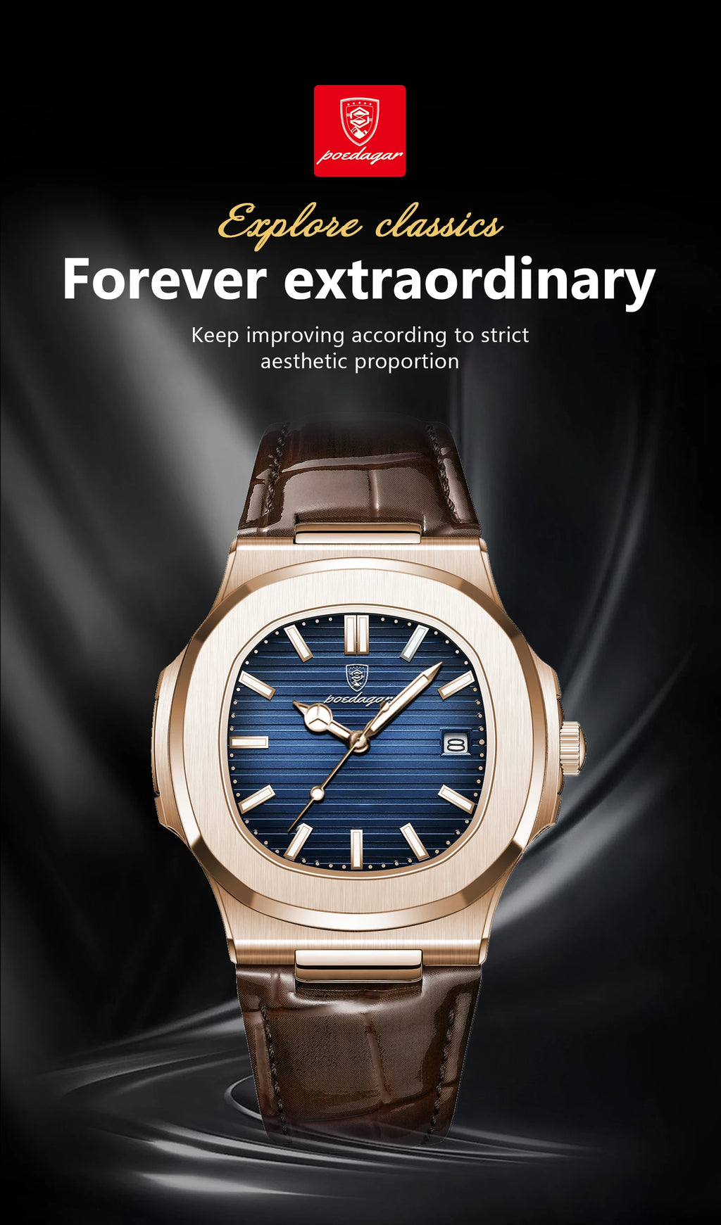 POEDAGAR Business Man Watch Date Waterproof Luminous Leather Classic Watches For Men High Quality Square Quartz Men's Wristwatch