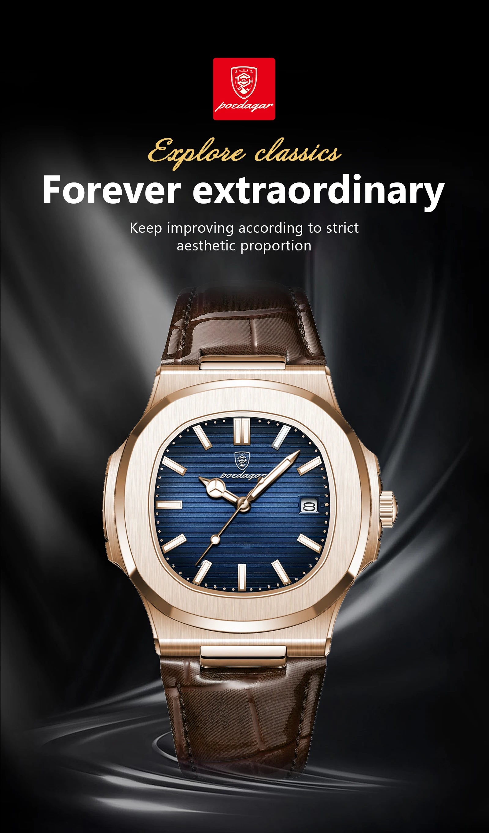 POEDAGAR Business Man Watch Date Waterproof Luminous Leather Classic Watches For Men High Quality Square Quartz Men's Wristwatch
