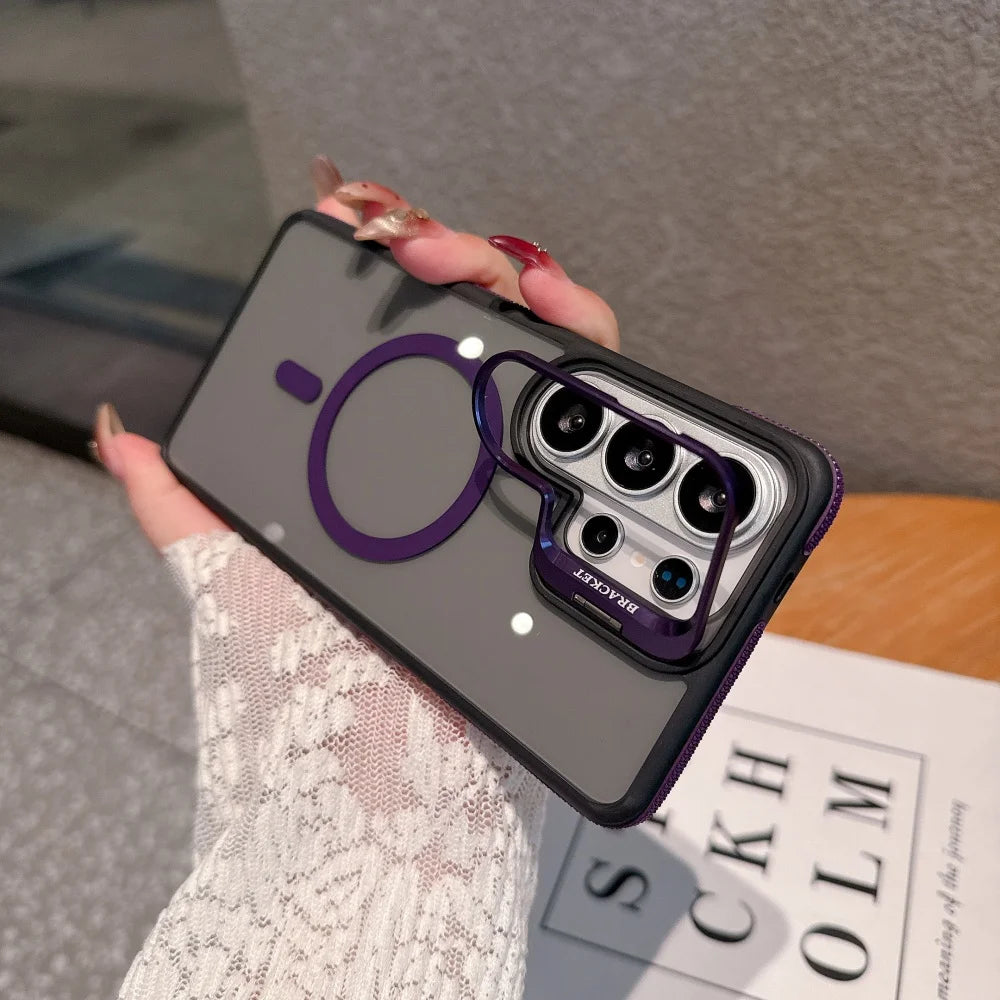 Flip Metal Lens Holder Case for Samsung Galaxy S26 Ultra S25 S22 S24 S23 Ultra FE S26 Edge Plus Magnetic Wireless Charging Cover