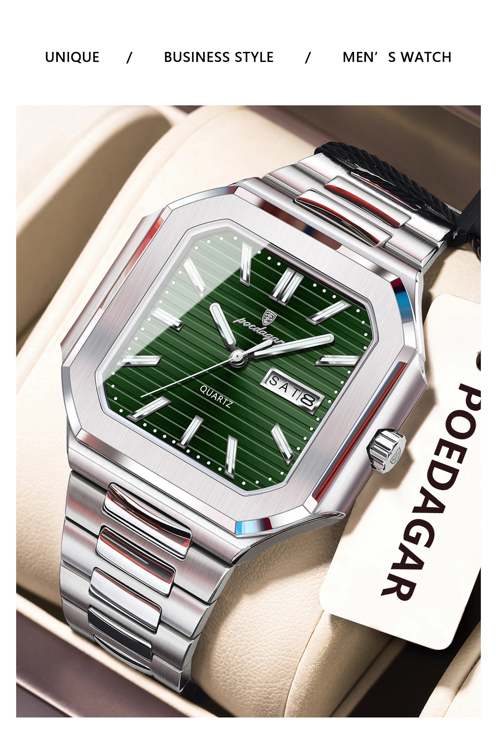 POEDAGAR Luxury Square Male Watch Waterproof Luminous Date Week Quartz Watches For Men Stainless Steel Fashion Men's Clock Reloj