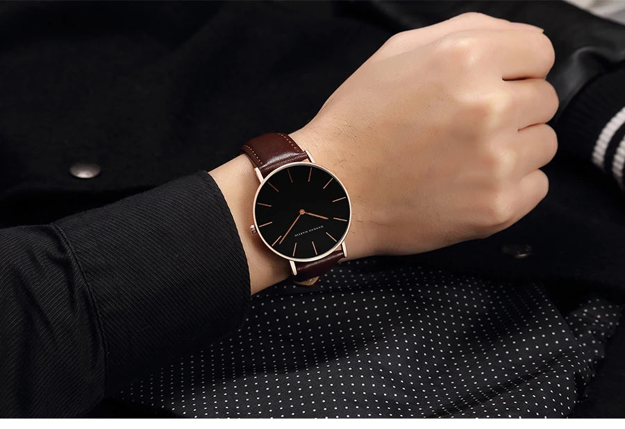 HANNAH MARTIN Brand Japan Quartz Movement Men's Waterproof Wrist Watches Fashion Luxury Ultra Thin Leather Creative Male Watches