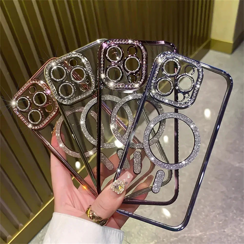 New Fashion Glitter Diamond Transparent Case For iPhone 17 16 15 14 13 11 12 Pro Max Funda Magnetic Wireless Charge Bumper Cover