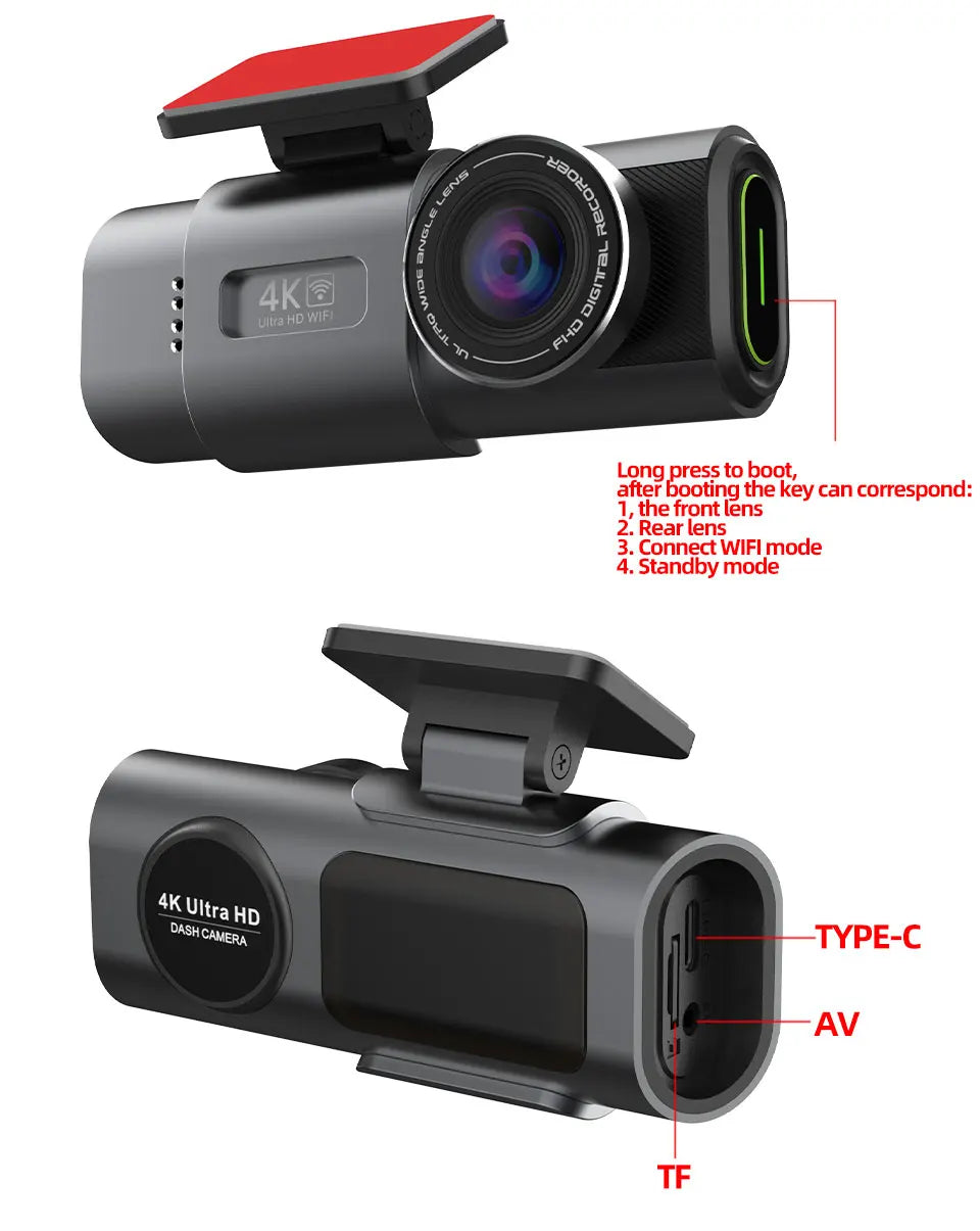 Dash Cam 4K UHD Recording Car Camera DVR us Night Vision Video Recorder Built-In Wi-Fi Support GPS 24H Parking