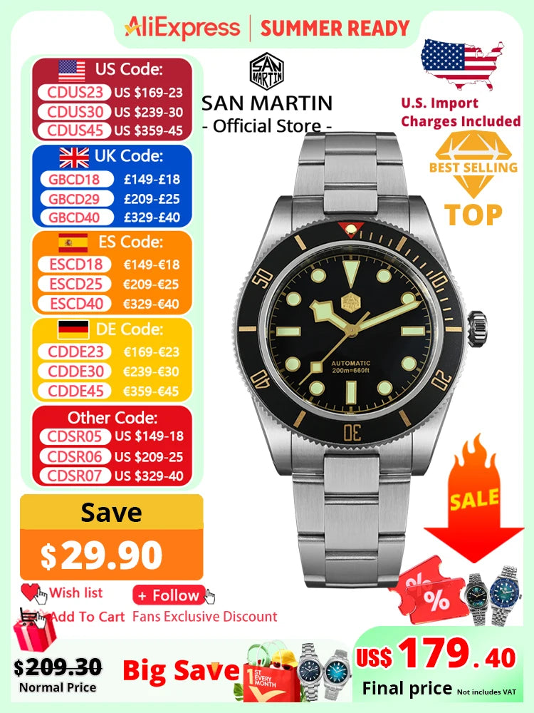 San Martin New 40mm BB58 Retro Luxury Diver Watch NH35 Automatic Mechanical Watches For Men Sapphire Luminous 20Bar Reloj SN0008