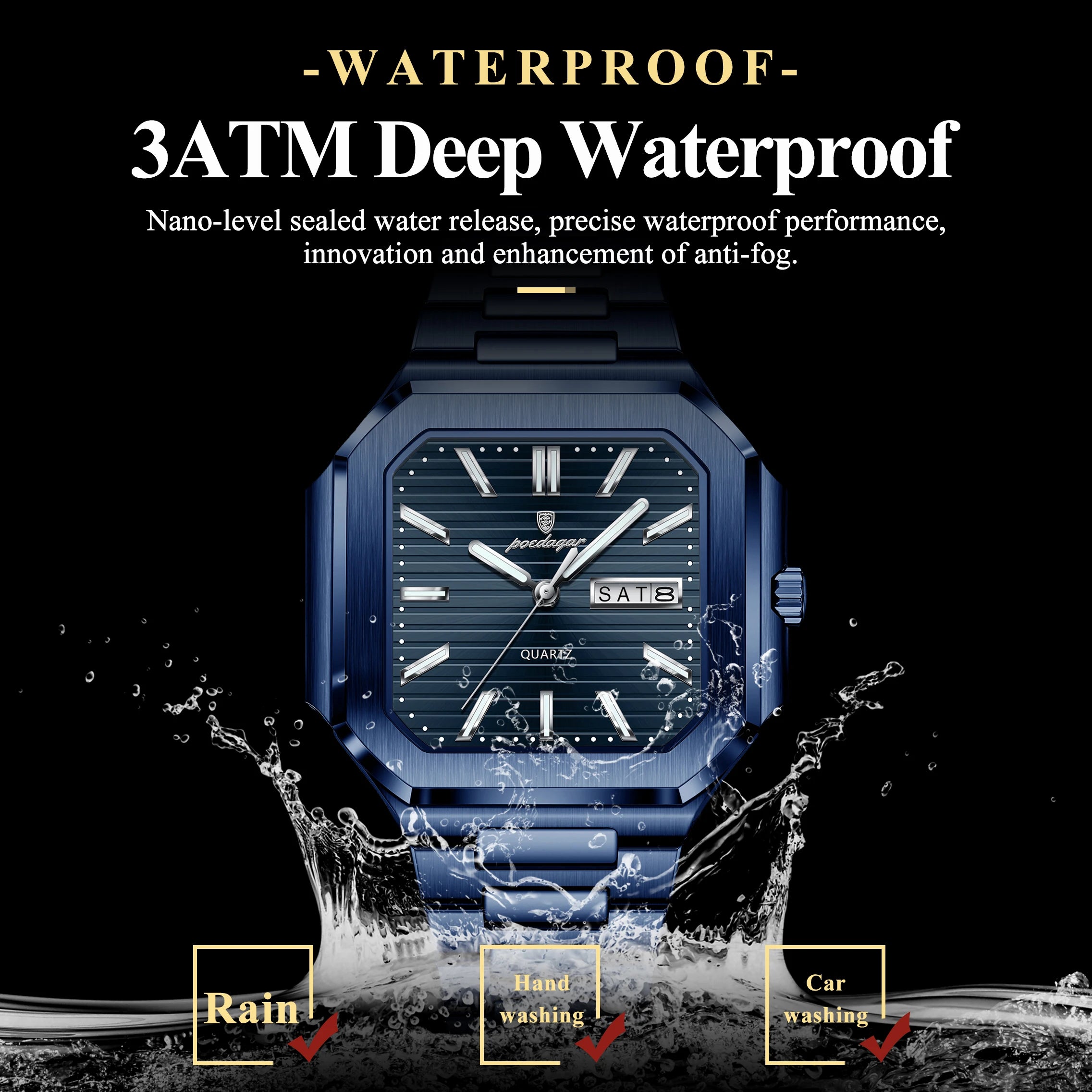 POEDAGAR Top Luxury Brand Male Watch Waterproof Luminous Date Week Quartz Men's Watches Stainless Steel Fashion Square Men Watch