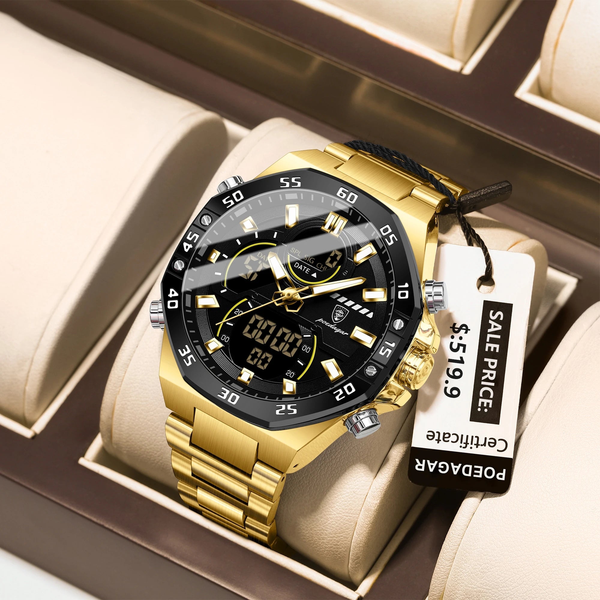 POEDAGAR Top Sport Men Clock LED Luminous Waterproof Week Date Man Watch Electronic Stainless Steel Fashion Quartz Men's Watches