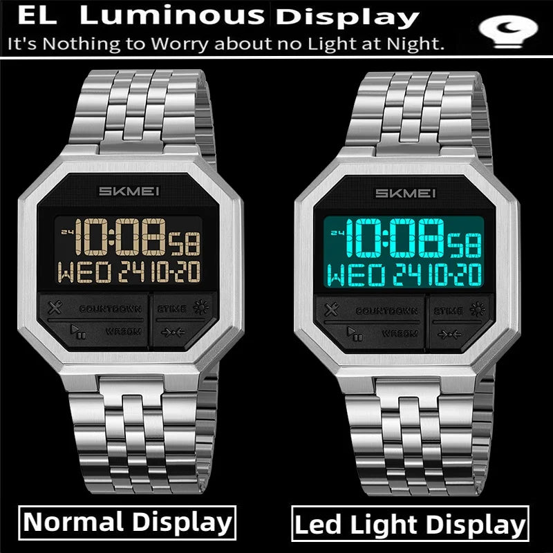 Skmei Luxury Steel Strap Digital Watches for Mens LED Light 50M Waterproof Fashion Sports Dual Time with Alarm Clock