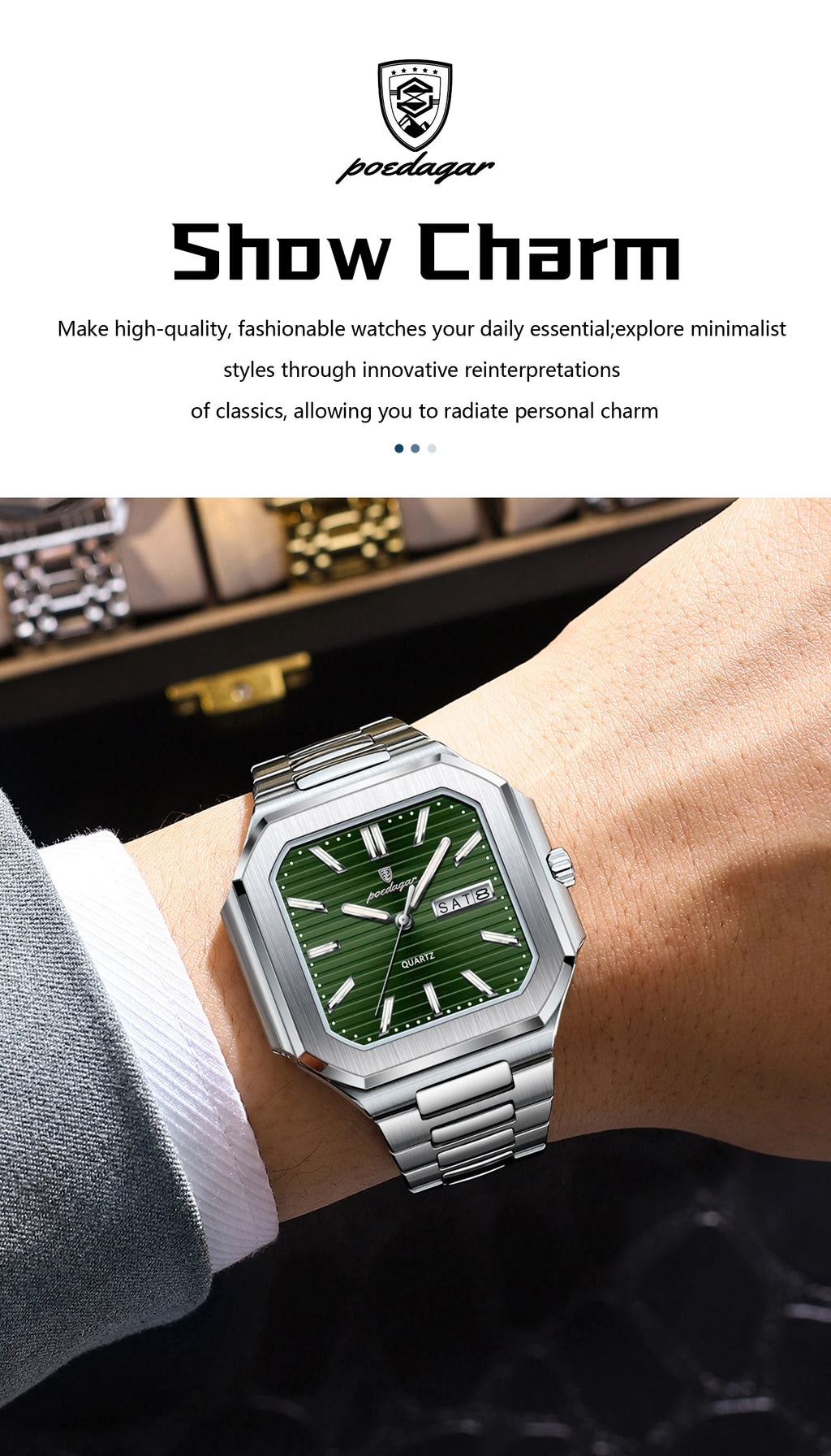 POEDAGAR Luxury Square Male Watch Waterproof Luminous Date Week Quartz Watches For Men Stainless Steel Fashion Men's Clock Reloj