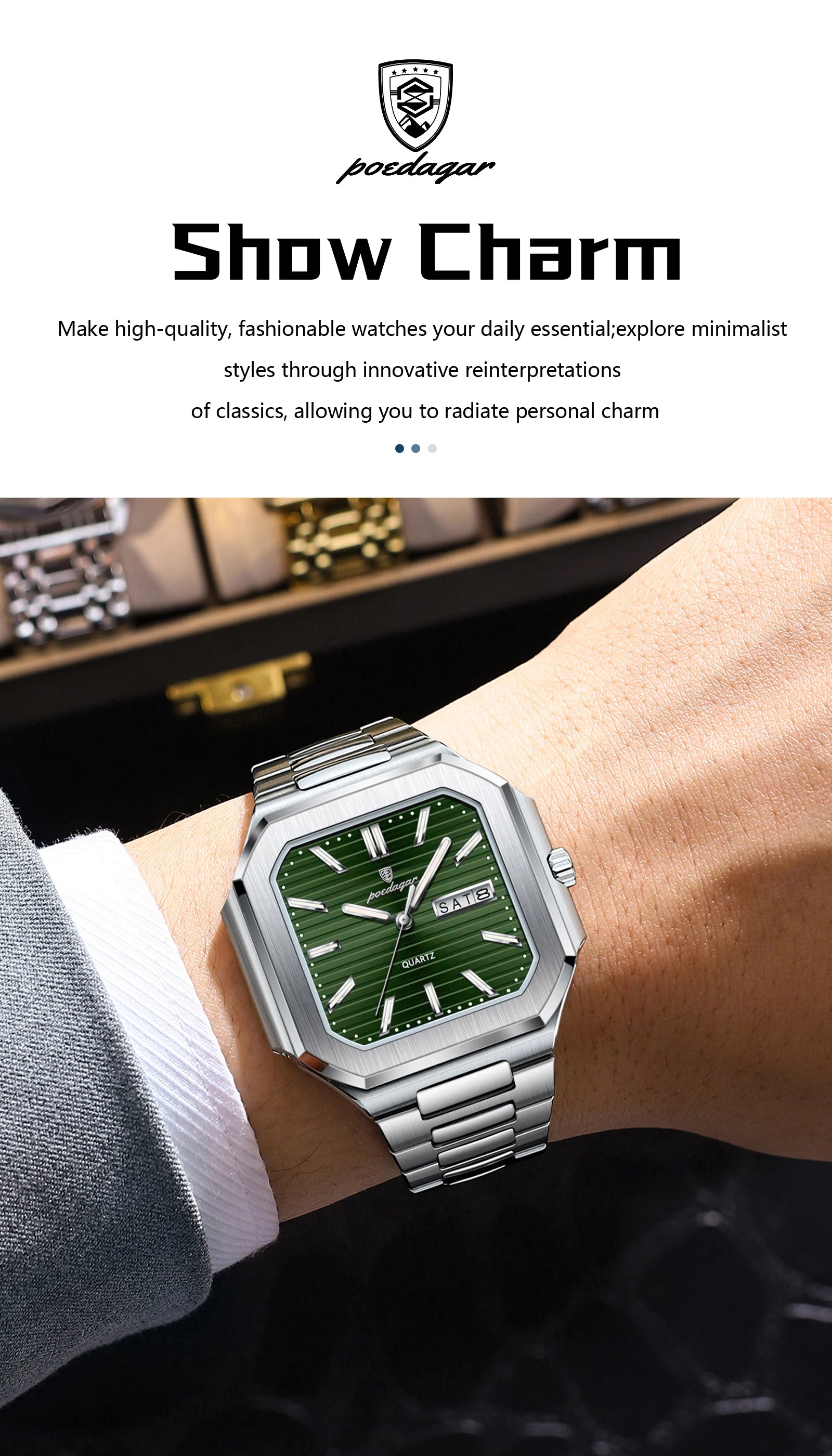 POEDAGAR Luxury Square Male Watch Waterproof Luminous Date Week Quartz Watches For Men Stainless Steel Fashion Men's Clock Reloj