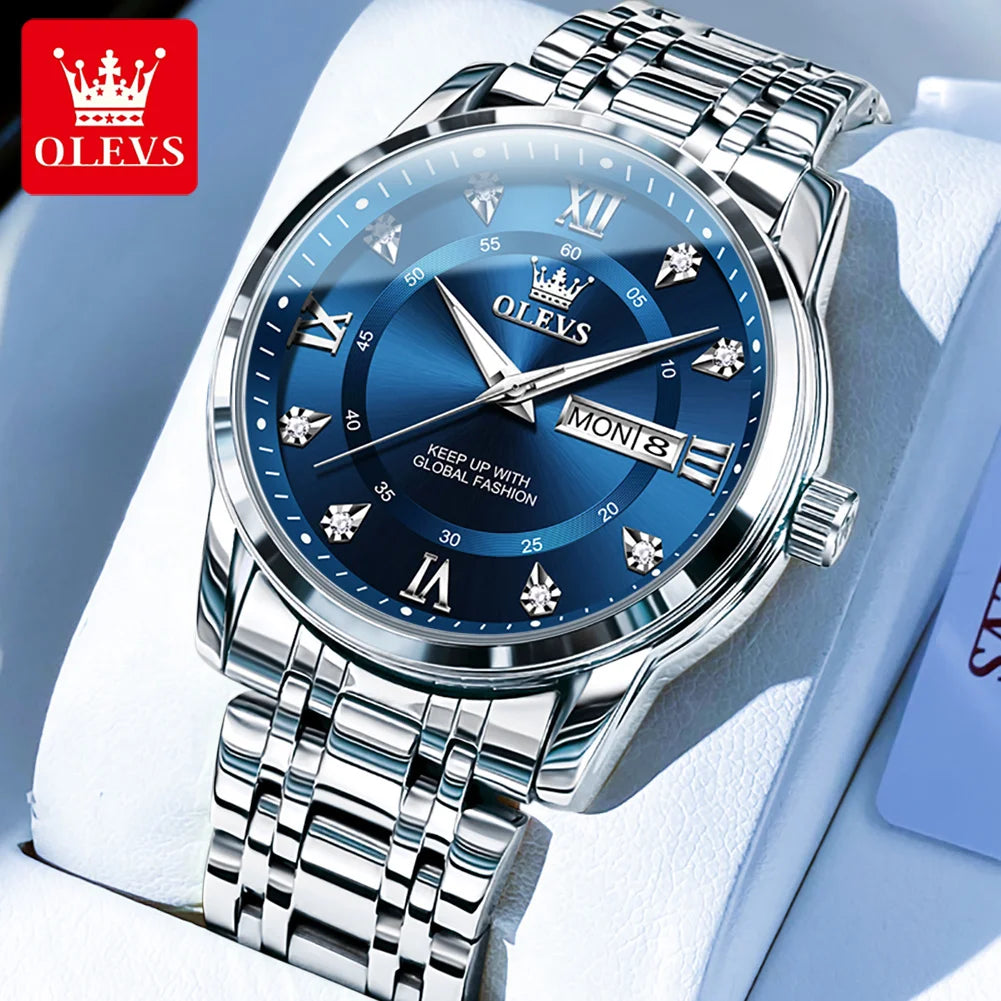 OLEVS 5513 Mens Watch Original Fashion Brand Quartz Waterproof Luminous Watch For Man Stainless Steel Dual Calendar Watch Box