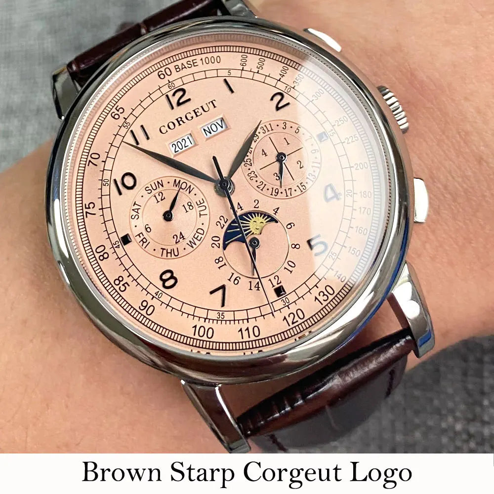 Corgeut 42mm Automatic Men's Watch Date Day Month Year Salmon Dial Multifunction 316L Leather Strap Polished Case Day Night
