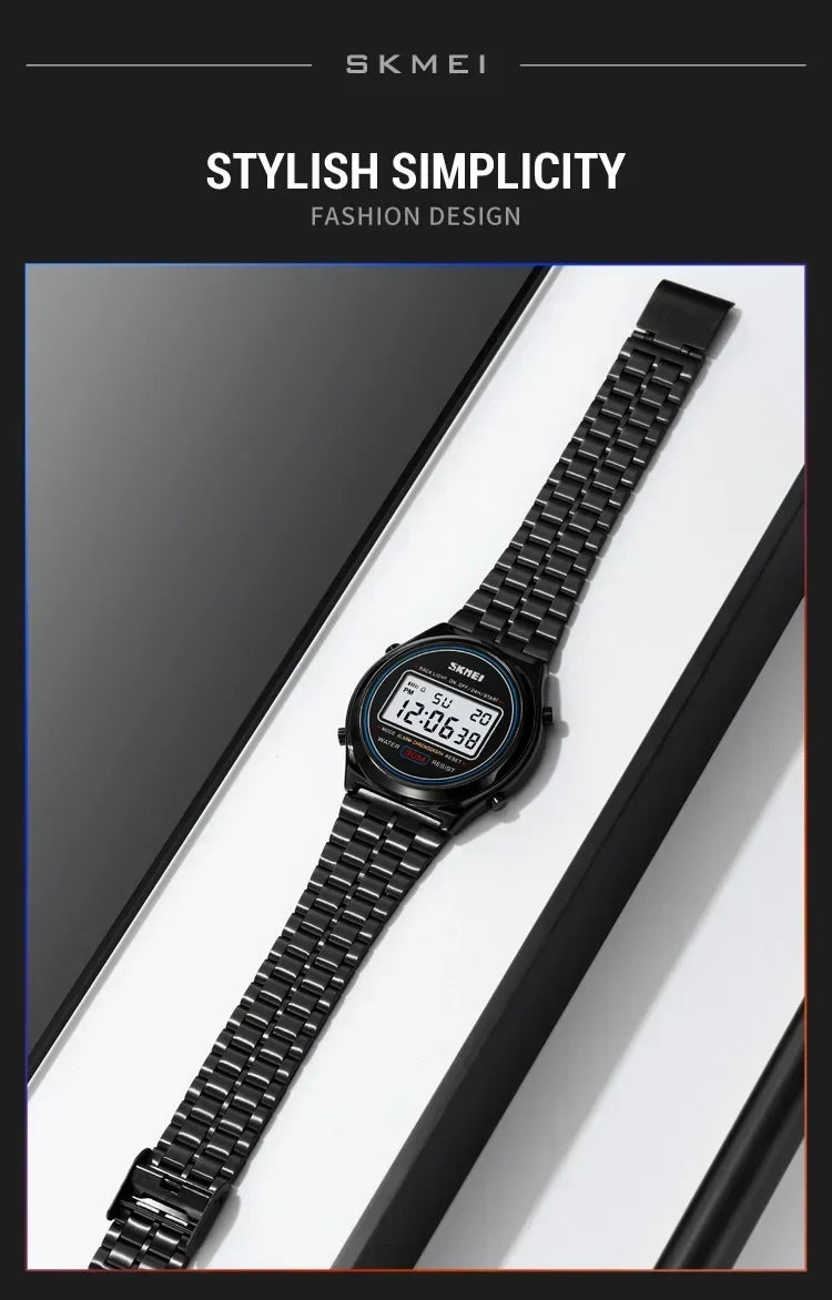 SKMEI 2146  Stainless Steel Men Waterproof Date Alarm Wriswatch reloj hombre Back Light Display Stopwatch Digital Sport Watches