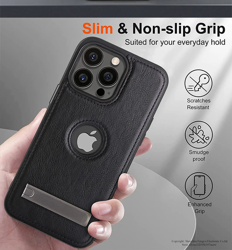 PU Leather Phone Case with Kickstand for iPhone 17 16 15 Pro Max 14 Plus 13 12 11 Mini Soft Grip Luxury Back Cover with Stand