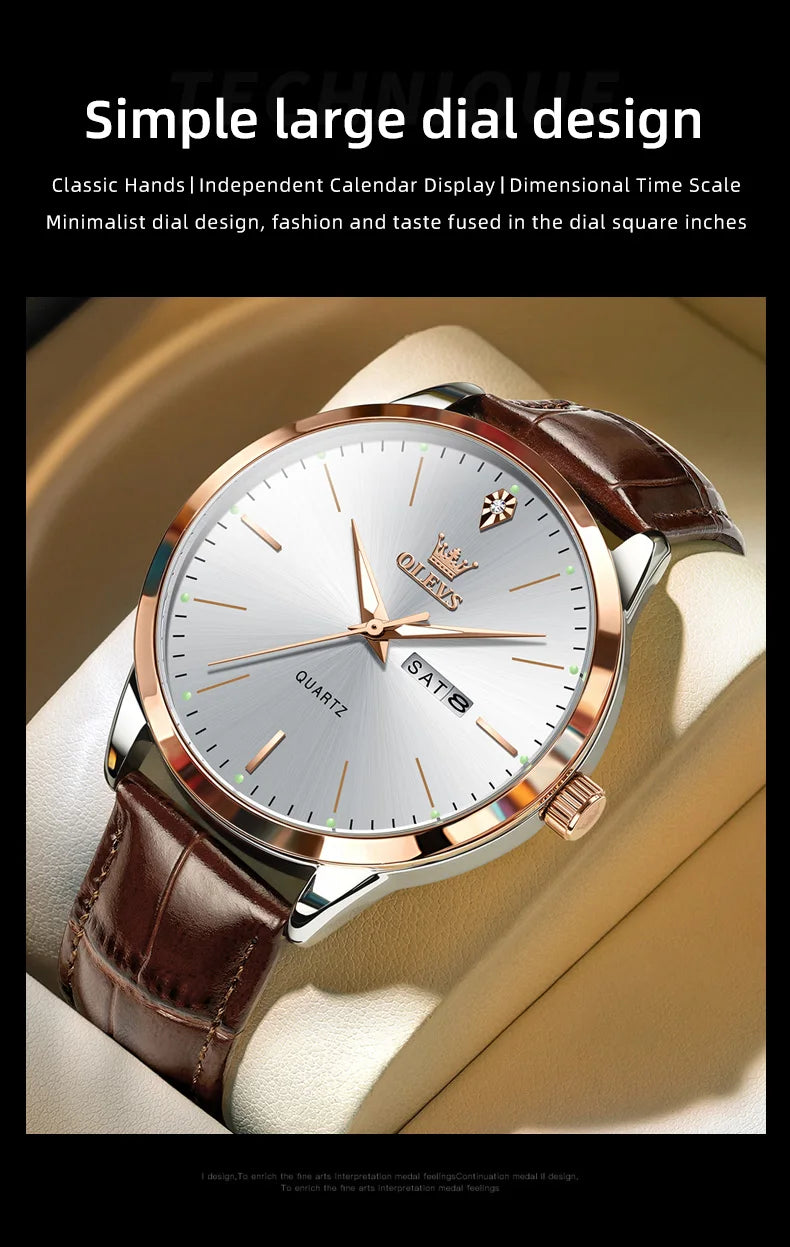 OLEVS Men's Watch Brand Business Waterproof Luminous Week Date Quartz Watch Fashion Leather Strap Classic Luxury Men's Watch