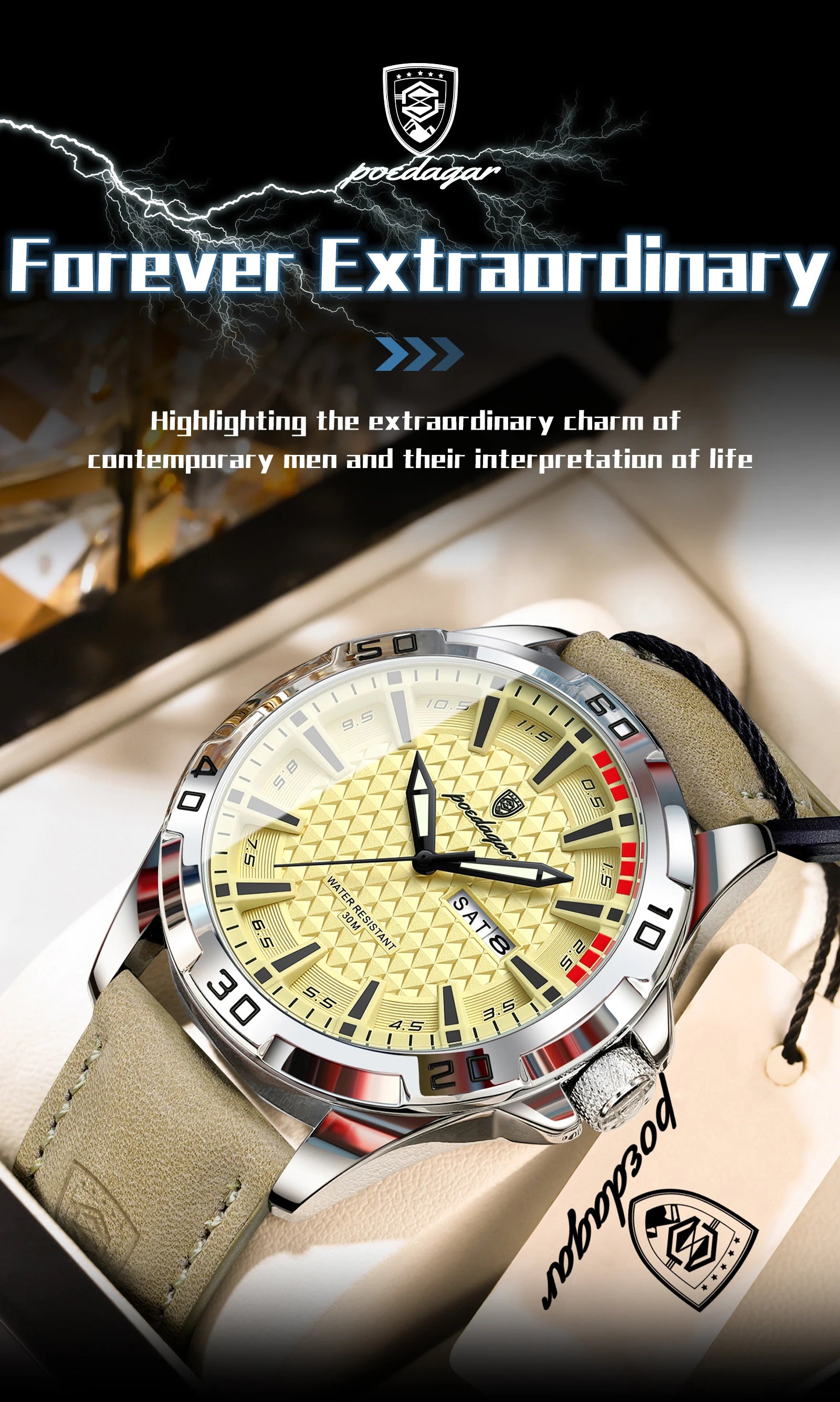 POEDAGAR Top Casual Sports Men Watch Waterproof Luminous Date Week Fashion Watch For Man Leather Classic Men's Quartz Wristwatch