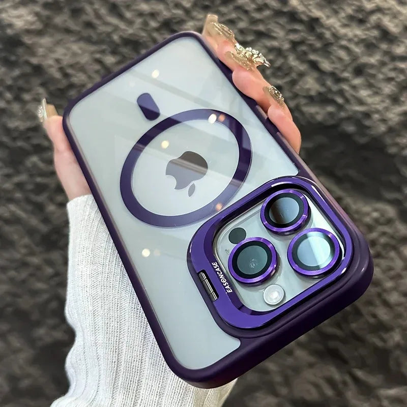 Luxury Magnetic Shockproof Phone Case For iPhone 17 15 16 14 13 12 11 Pro Max For Magsafe Funda Stand Glass Lens Protector Cover