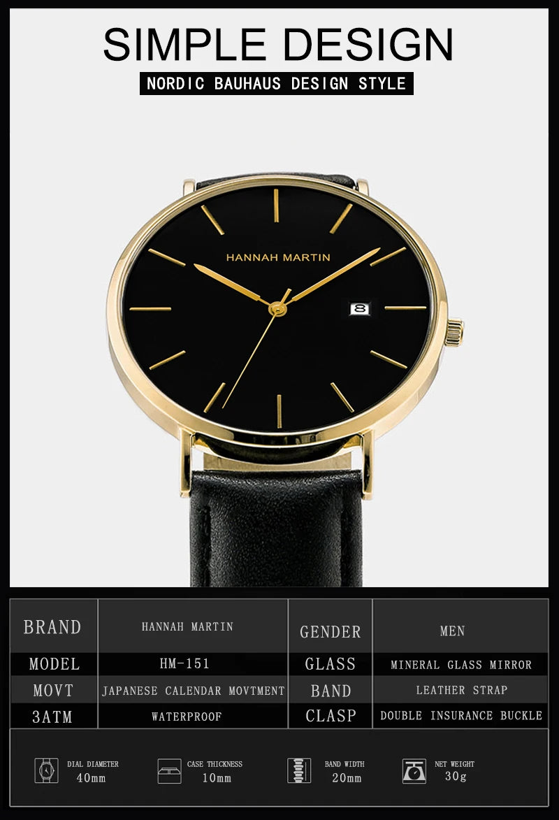 Men Dropshipping Wristwatch Hannah Martin Japan Movement 40mm Blue Minimalist Casual Leather Top Brand 3Bar Luxury Watch for Men