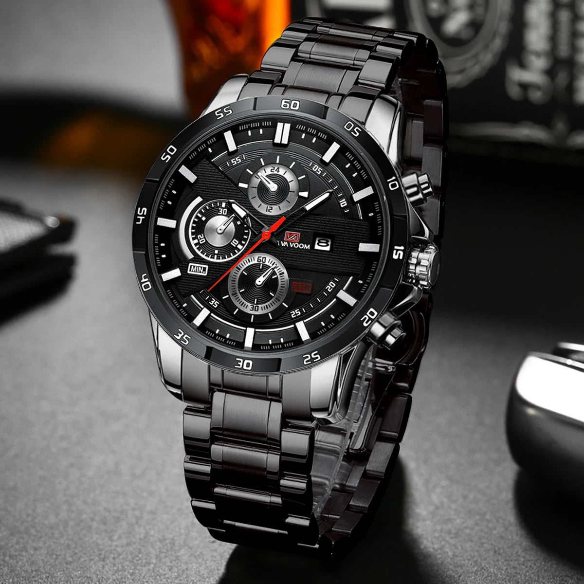 Man Sports Watches Fashion Racing Series 46mm Black Leather Clock VA VA VOOM Quartz Movement 3Bar Waterproof Wrist Watch for Men