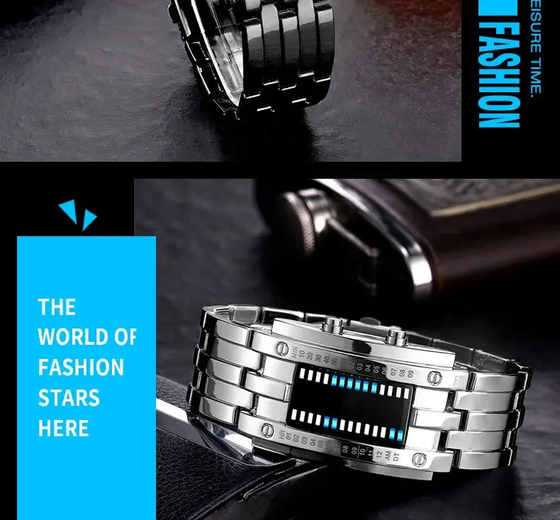 Men Watch 50m Waterproof Lava Watch Double Row Lamp Led Watch Male Binary Steel Band Electronic Sport Watch Relogios Masculino