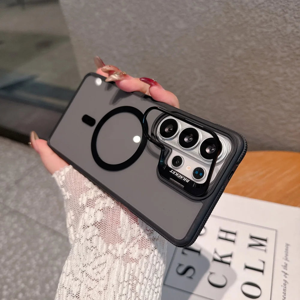 Flip Metal Lens Holder Case for Samsung Galaxy S26 Ultra S25 S22 S24 S23 Ultra FE S26 Edge Plus Magnetic Wireless Charging Cover
