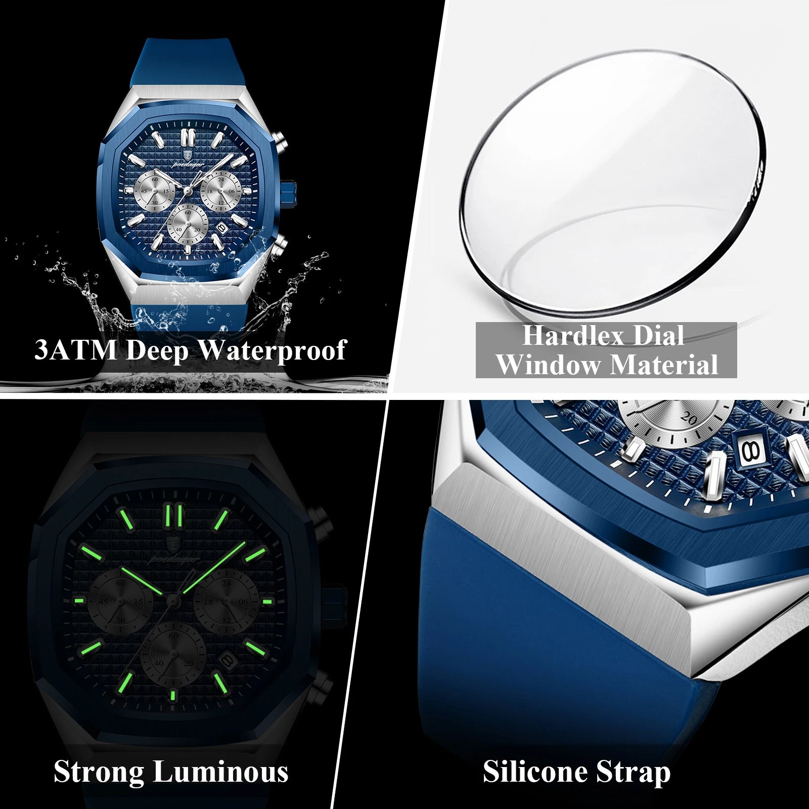 POEDAGAR Business Men's Wristwatch Chronograph Date Silicone Strap Man Watch Waterproof Luminous Military Quartz Watches For Men
