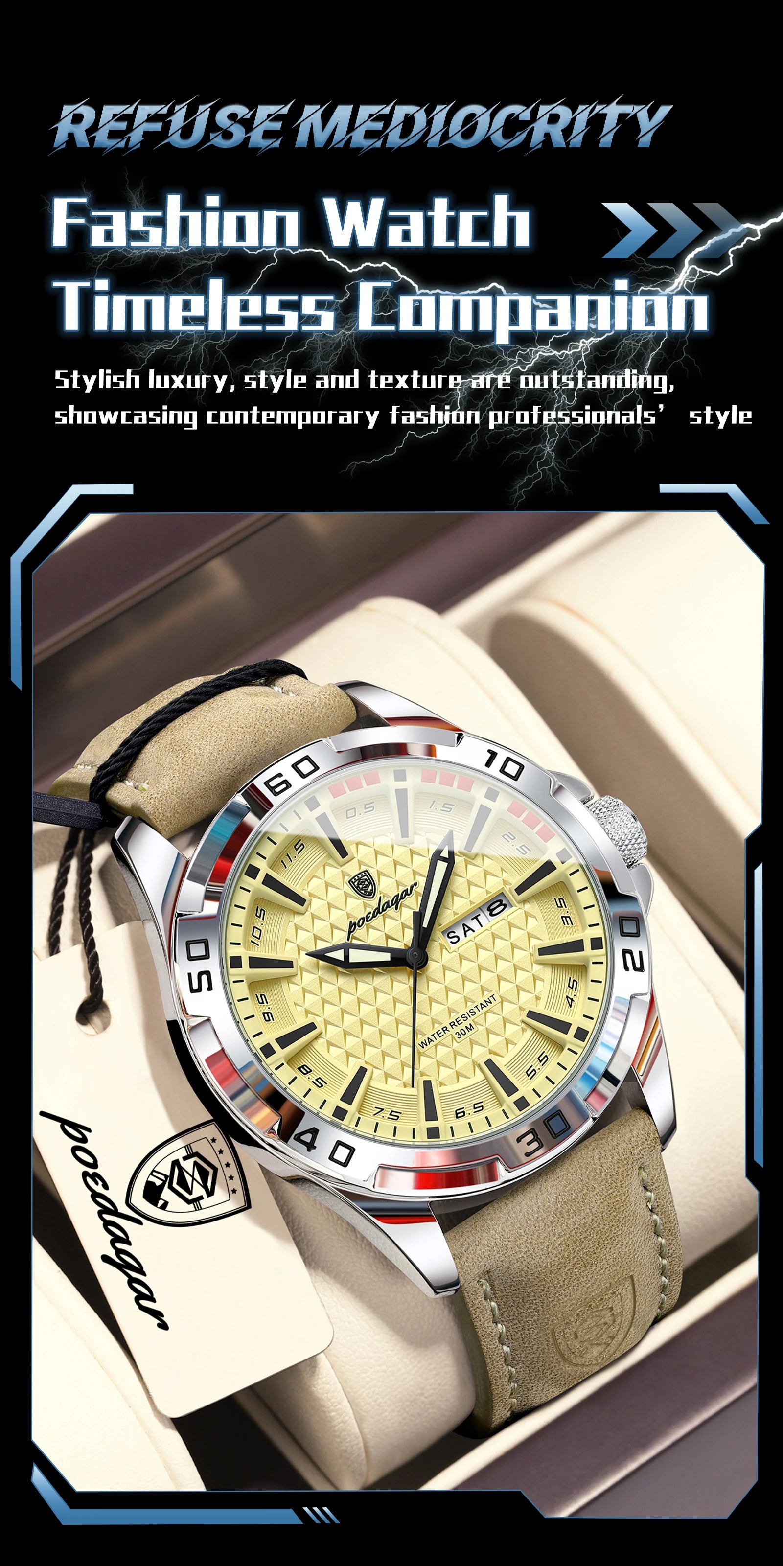 POEDAGAR Top Casual Sports Men Watch Waterproof Luminous Date Week Fashion Watch For Man Leather Classic Men's Quartz Wristwatch
