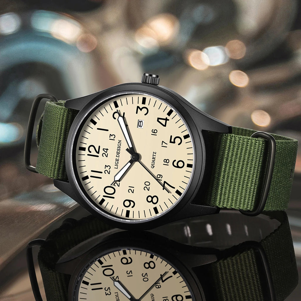 LIGE Original Top Quartz Watch Outdoor Sports Casual Simple Auto Date Clock Nylon Strap Waterproof Luminous Watches for Man Gift