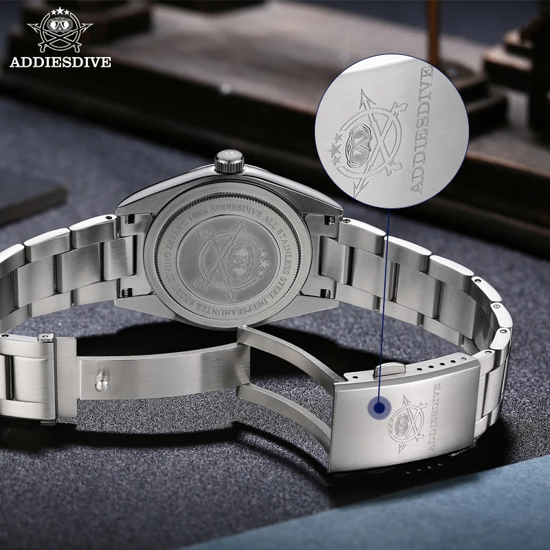ADDIESDIVE Hot Sale Quartz Watch Simple 10Bar Steel Dive Wristwatch Bubble Mirror Pot Cover Glass Sports 36mm Men Watches AD2030