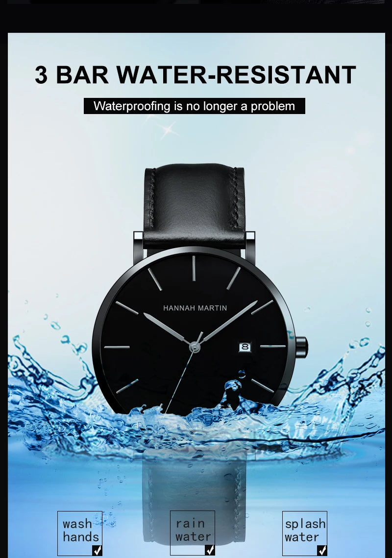 Men Dropshipping Wristwatch Hannah Martin Japan Movement 40mm Blue Minimalist Casual Leather Top Brand 3Bar Luxury Watch for Men