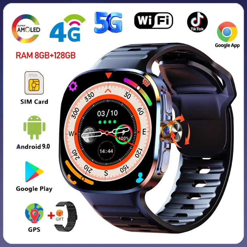 8GB+128GB RAM 5G/4G Smart Watch 2.4 inch AMOLED 2100mah Battery 900W Camera GPS WIFI Google APPS Download Smartwatch Android 10