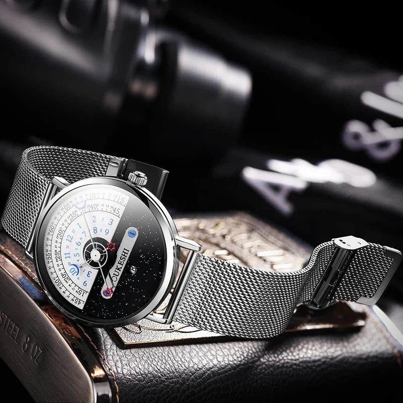 Unique Business Men Watch Fashion Auto Date Stainless Steel Strap Quartz Wristwatch Man Gifts For Him Calendar Clock