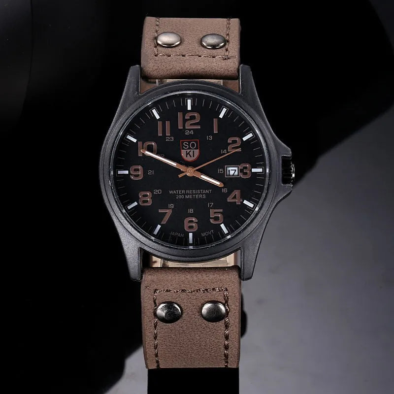 SOKI Mens Casual Wristwatch Quartz Leather Strap Watches Masculino Relogio Fashion Male Calendar Clock Out-door Reloj Hombre