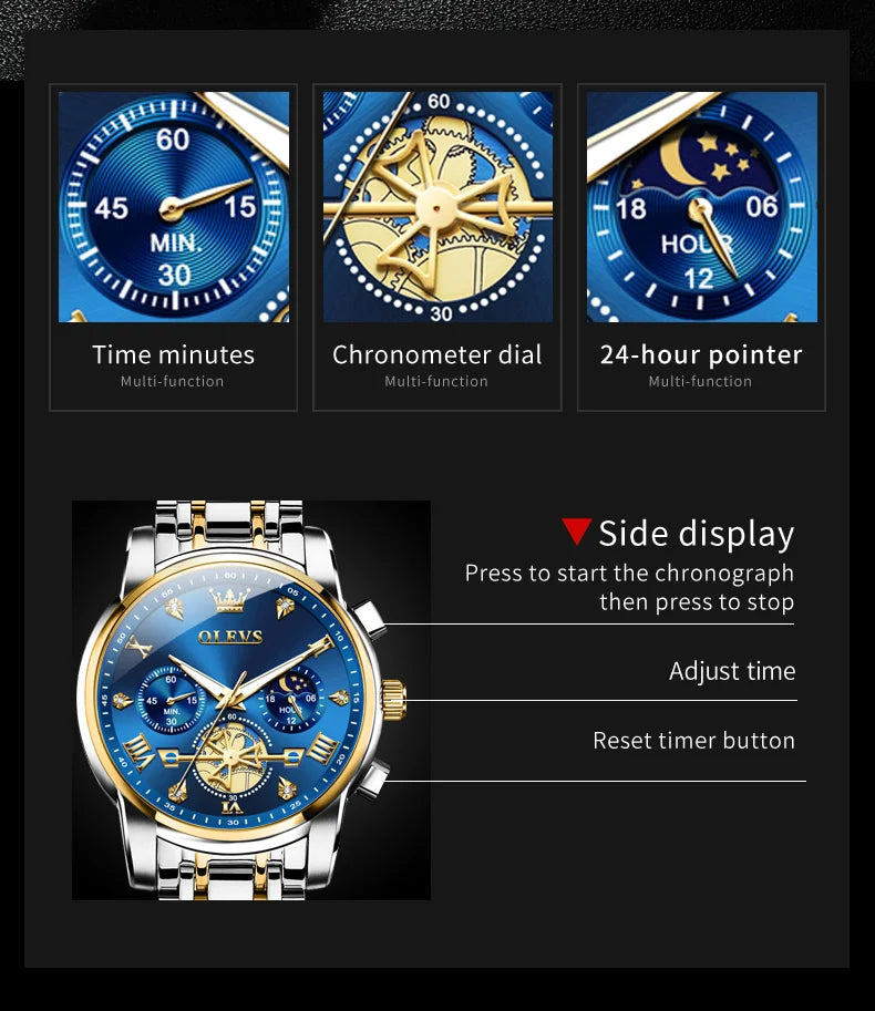 OLEVS 2856 Quartz Watch for Men Flywheel Skeleton Chronograph Moon Phase Multifunctional Stainless steel Men's Wristwatches