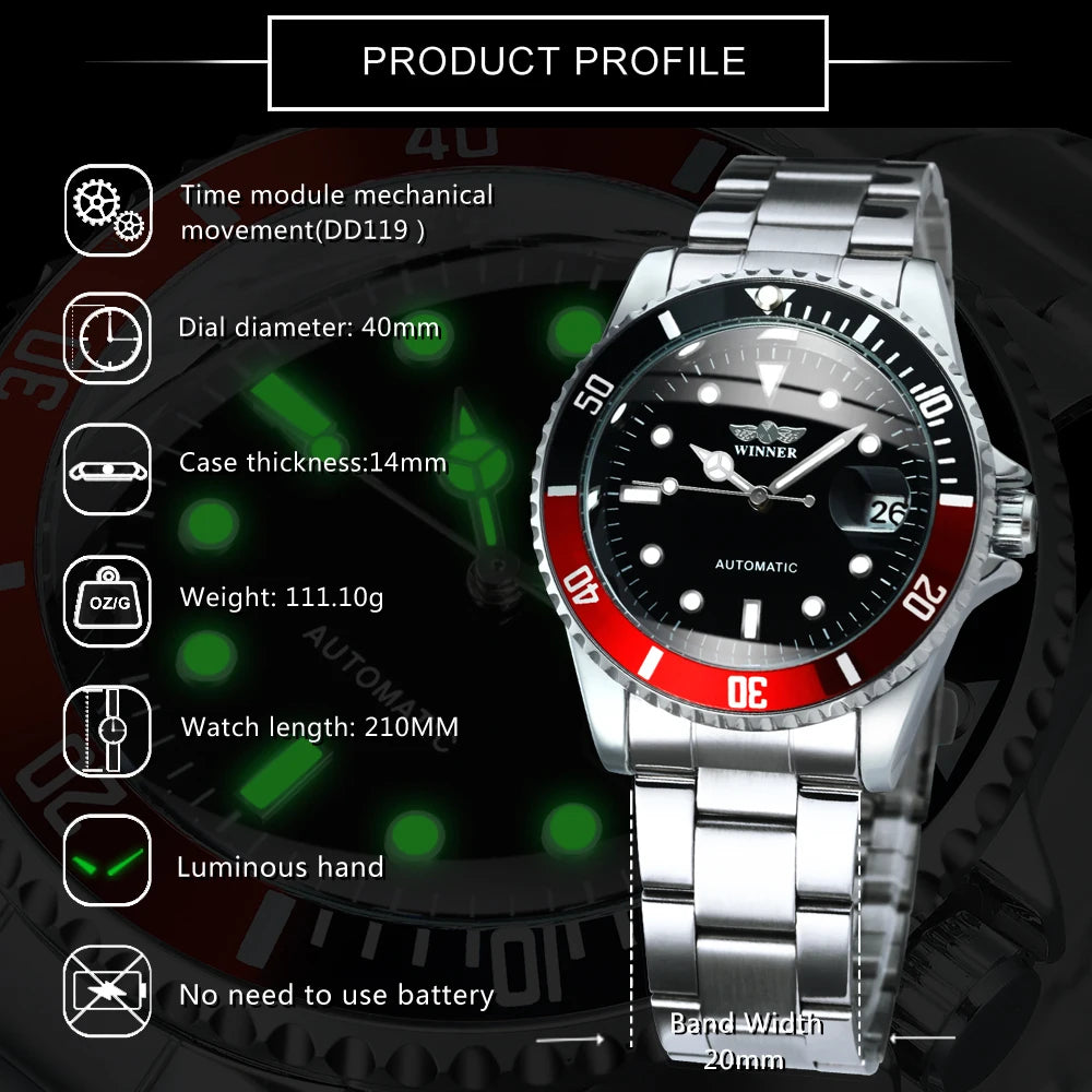 WINNER Classic Mechanical Watch for Men Rotating Bezel Luminous Calendar Fashion Business Automatic Watches Stainless Steel Band