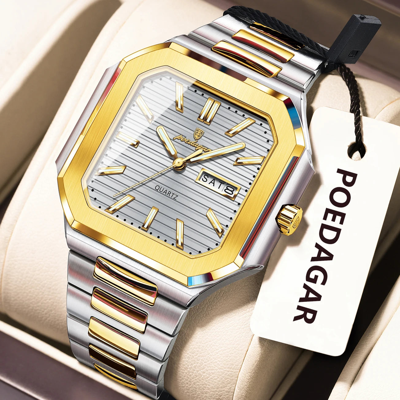 POEDAGAR Top Luxury Brand Male Watch Waterproof Luminous Date Week Quartz Men's Watches Stainless Steel Fashion Square Men Watch