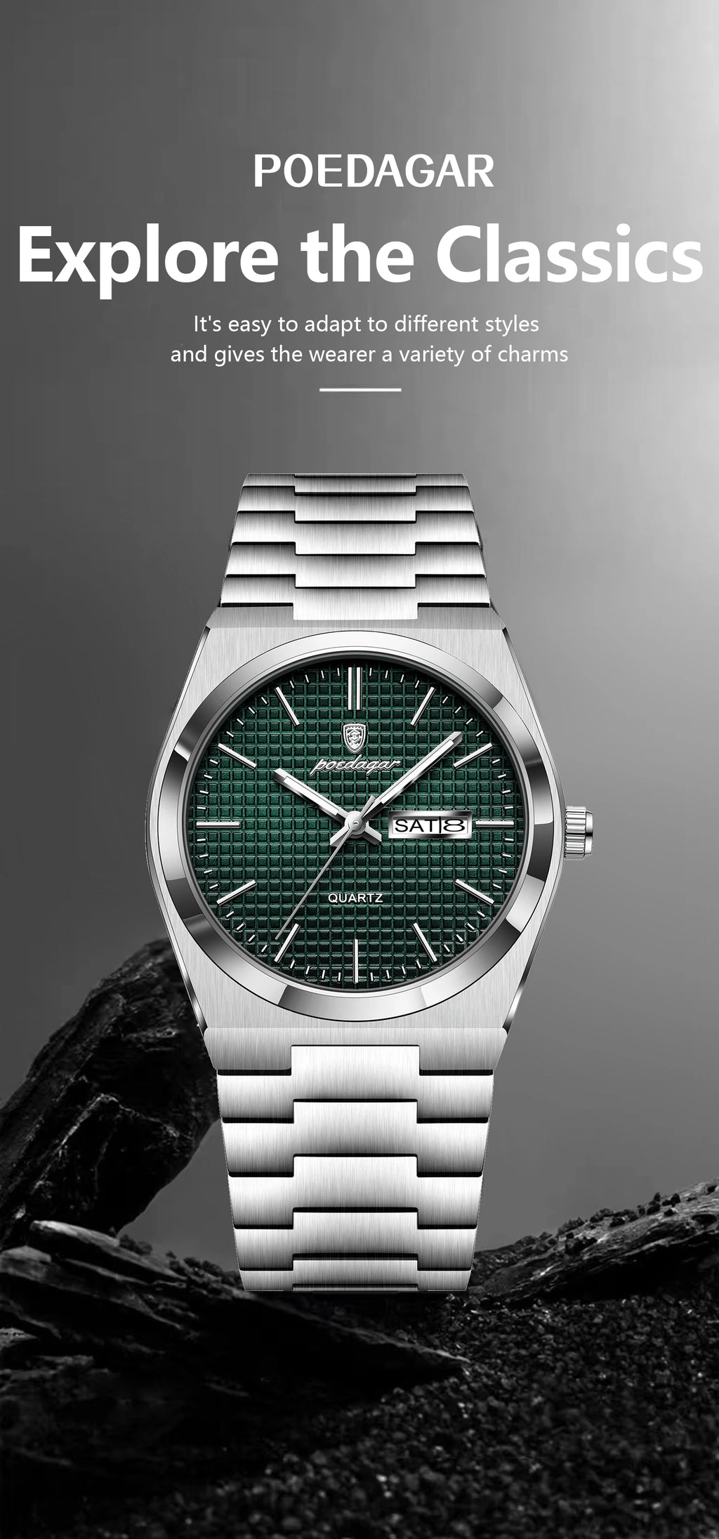 POEDAGAR Luxury Original Man Watch Waterproof Stainless Steel Luminous Men's Wristwatch Date Week Quartz Fashion Watches For Men