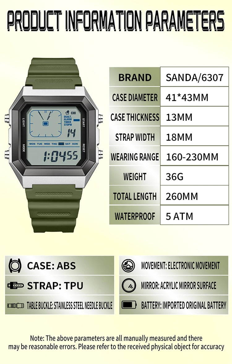 SANDA 6307 Fashion Digital Watches for Man Multifunction Luminous Chronograph Calendar Outdoor Sport Waterproof Electronic Watch