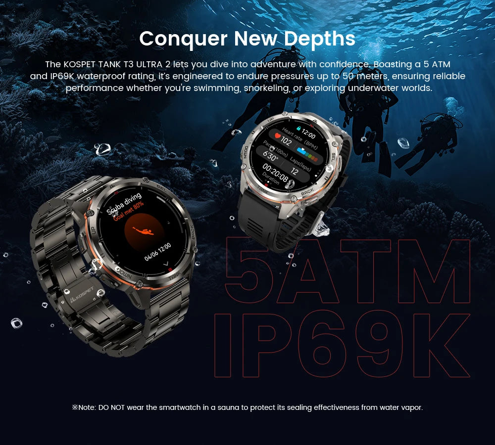 KOSPET TANK T3 Ultra 2 GPS Smart Watches Men Compass Altimeter Barometric 5ATM IP69K Waterproof AMOLED Bluetooth Call Mens Watch