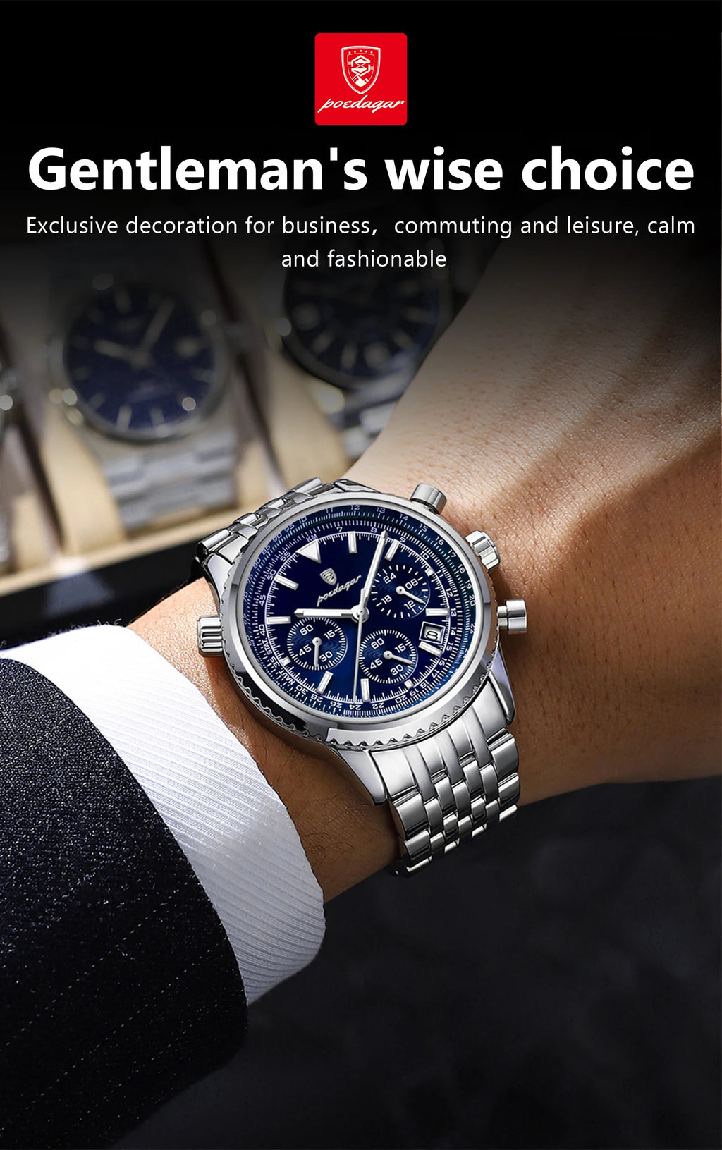 POEDAGAR Luxury Sport Man Watch Chronograph Date Waterproof Luminous Men's Quartz Watches Stainless Steel Fashion Men Wristwatch