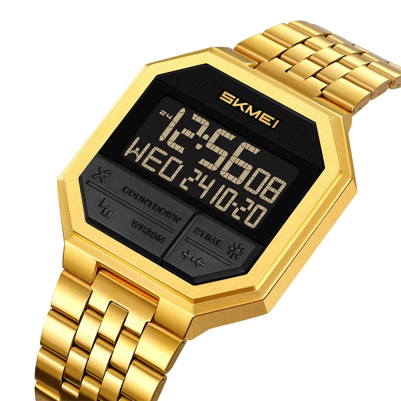 Skmei Luxury Steel Strap Digital Watches for Mens LED Light 50M Waterproof Fashion Sports Dual Time with Alarm Clock
