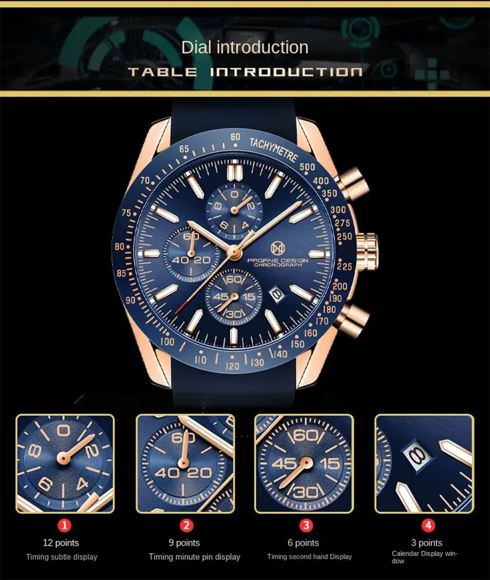 Pagane Design 2026 New Men's Quartz Chronograph Luxury Sapphire Stainless Steel Waterproof 3Bar Night Light C3 Casual Watch