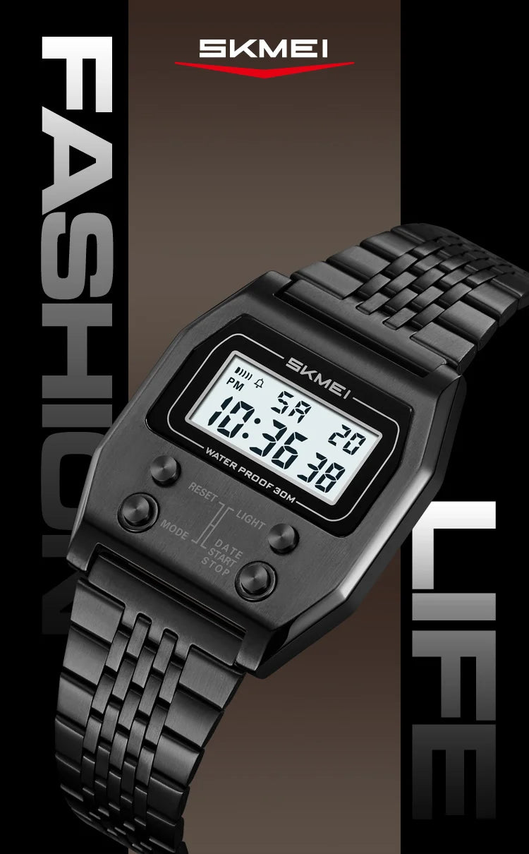 SKMEI 2460 Fashion Brand Men's Electronic Watch Multifunction Luminous Calendar Waterproof Steel Strap Sport Men Digital Watches