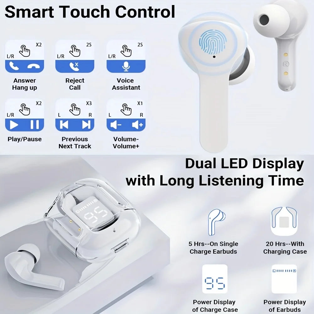 Wireless Earbuds Bluetooth 5.3, ENC Noise Cancelling, LED Battery Display, 3D Stereo Audio, Touch Control, Mini In-Ear Headphone